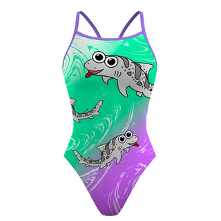 Leah the Leopard Shark Greenmint and Purple - Skinny Strap Swimsuit