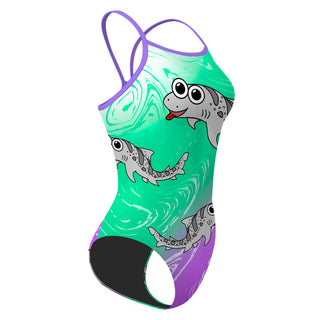 Leah the Leopard Shark Greenmint and Purple - Skinny Strap Swimsuit