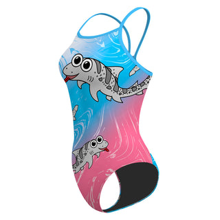 Leah the Leopard Shark Baby Blue and Pink - Skinny Strap Swimsuit