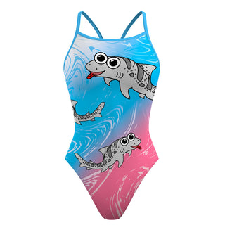 Leah the Leopard Shark Baby Blue and Pink - Skinny Strap Swimsuit